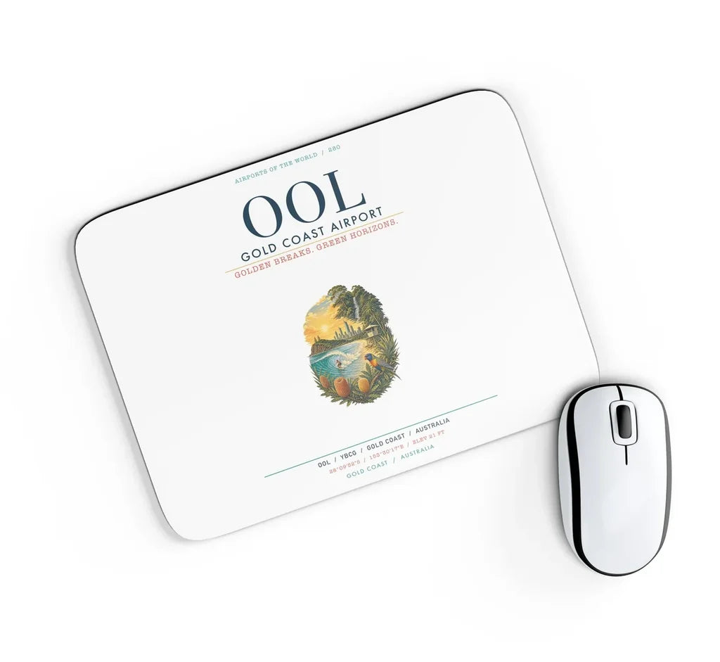 Gold Coast Airport (OOL) design on white rectangle mouse pad