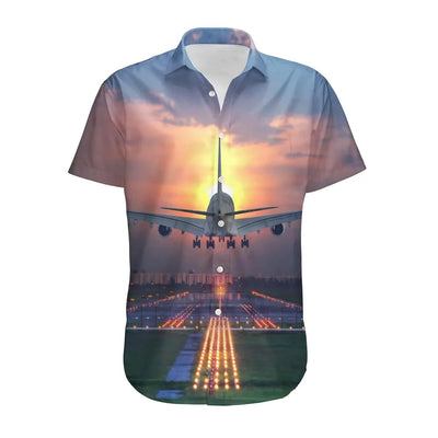 Super Airbus A380 Landing During Sunset aviation design printed on soft cotton shirt.