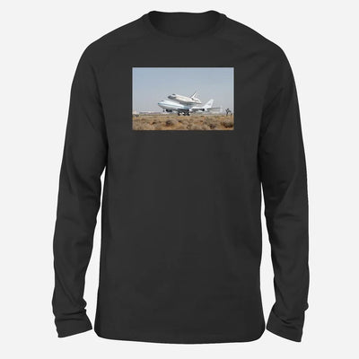 Boeing 747 Carrying Nasa's Space Shuttle Long-Sleeve aviation design printed on soft cotton long-sleeve T-shirt.