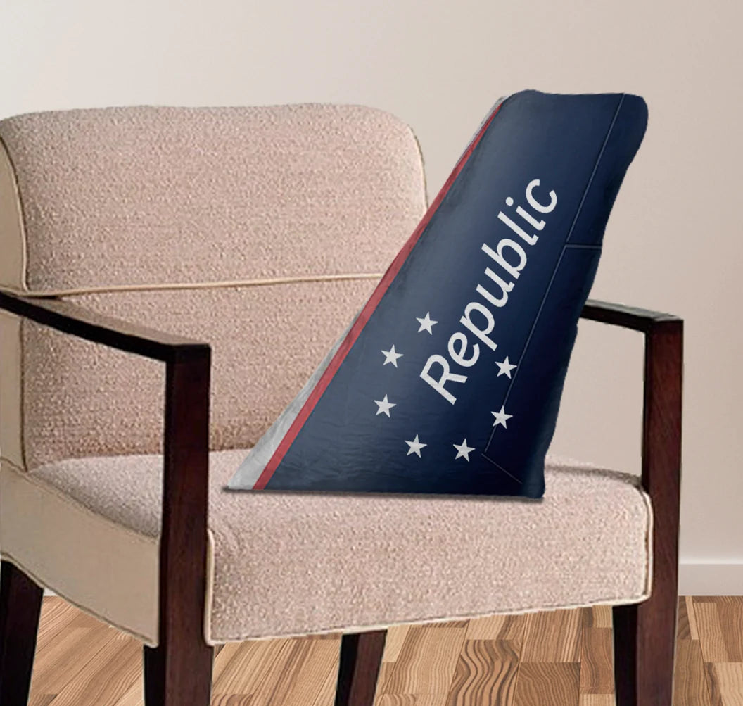 Republic Airlines aviation design on soft polyester filling aircraft tail pillow.