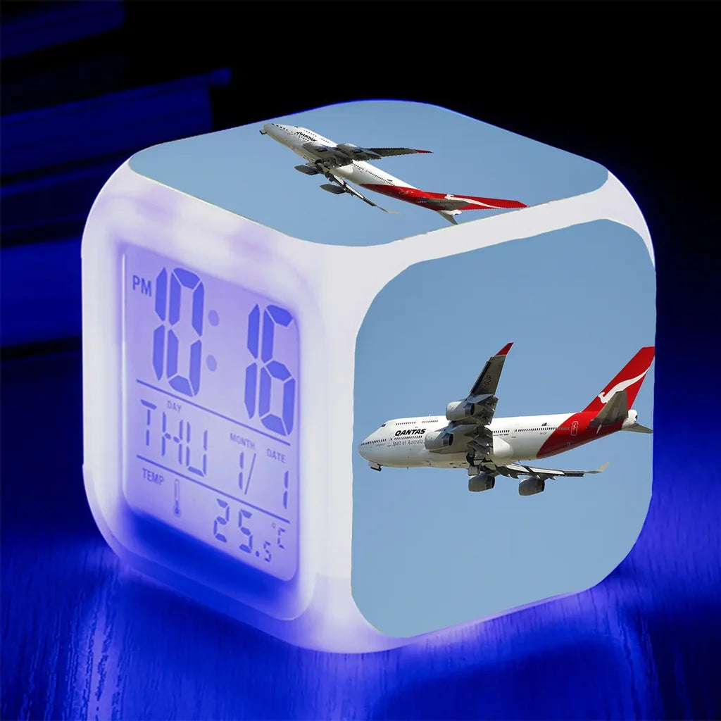Departing Qantas Airlines Boeing 747 "7 Colour" Digital Alarm aviation art table clock in premium wood and metal.