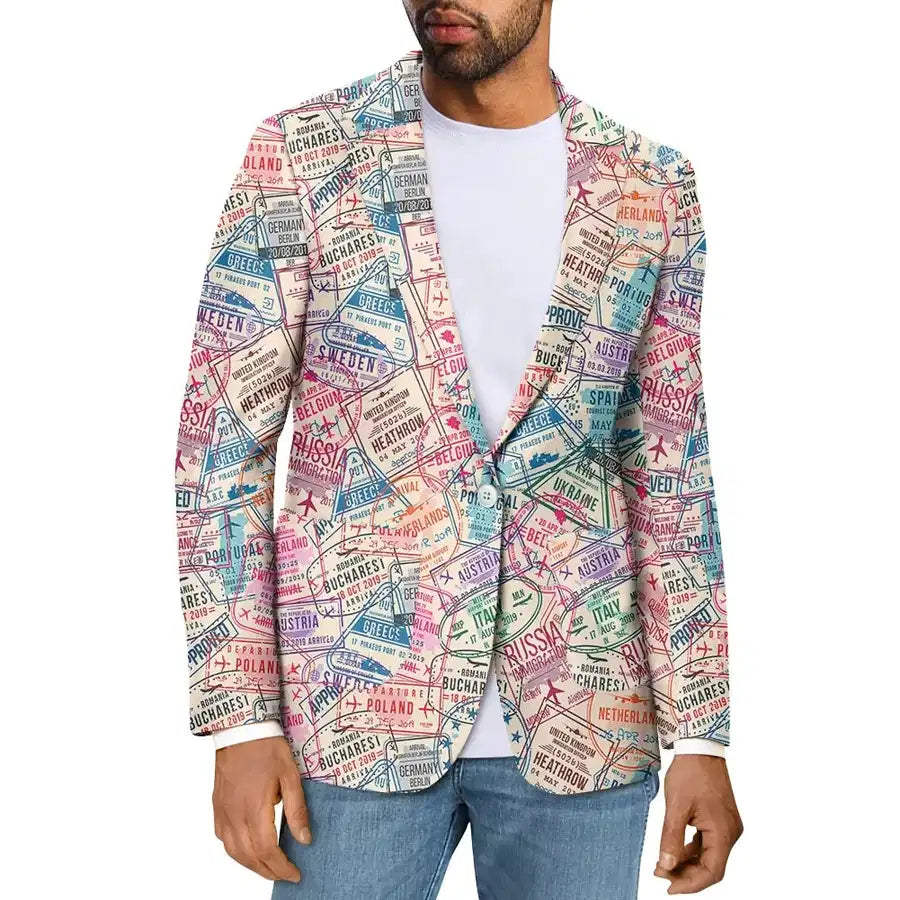 Passport Stamps aviation design on premium cotton blend men's casual blazer suit.