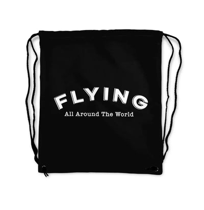Flying All Around The World aviation design drawstring bag, lightweight polyester construction.