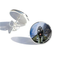 Thumbnail for Amazing Military Pilot Selfie aviation-themed stud earrings, polished stainless steel.
