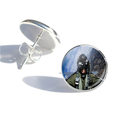 Amazing Military Pilot Selfie aviation-themed stud earrings, polished stainless steel.