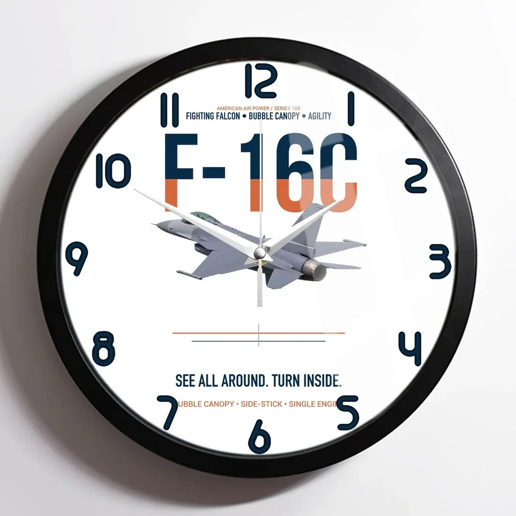 F-16C Fighting Falcon See All Around Turn Inside design on white framed wall clock