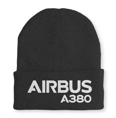 Airbus A380 & Text Embroidered aviation embroidery on soft knit fabric beanie.
