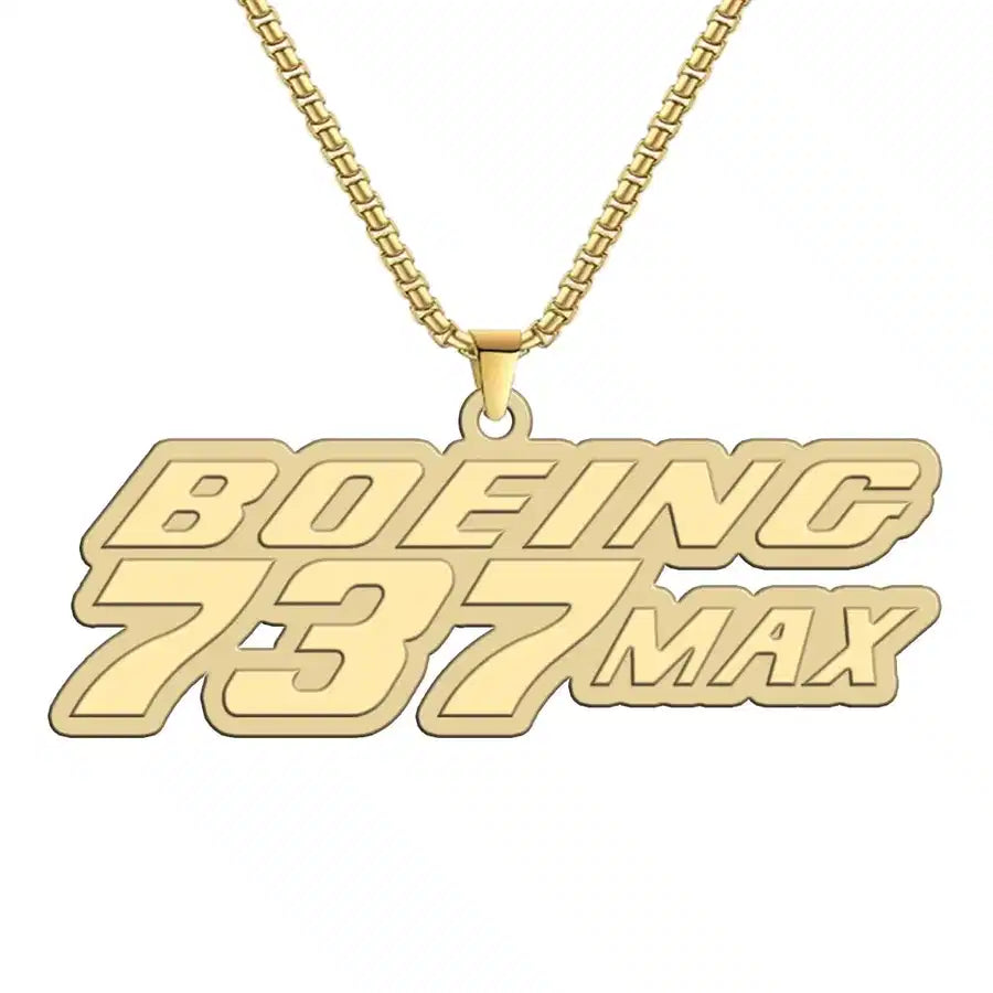 Boeing 737 Max aviation hollow necklace, polished metal body with engraved detail.