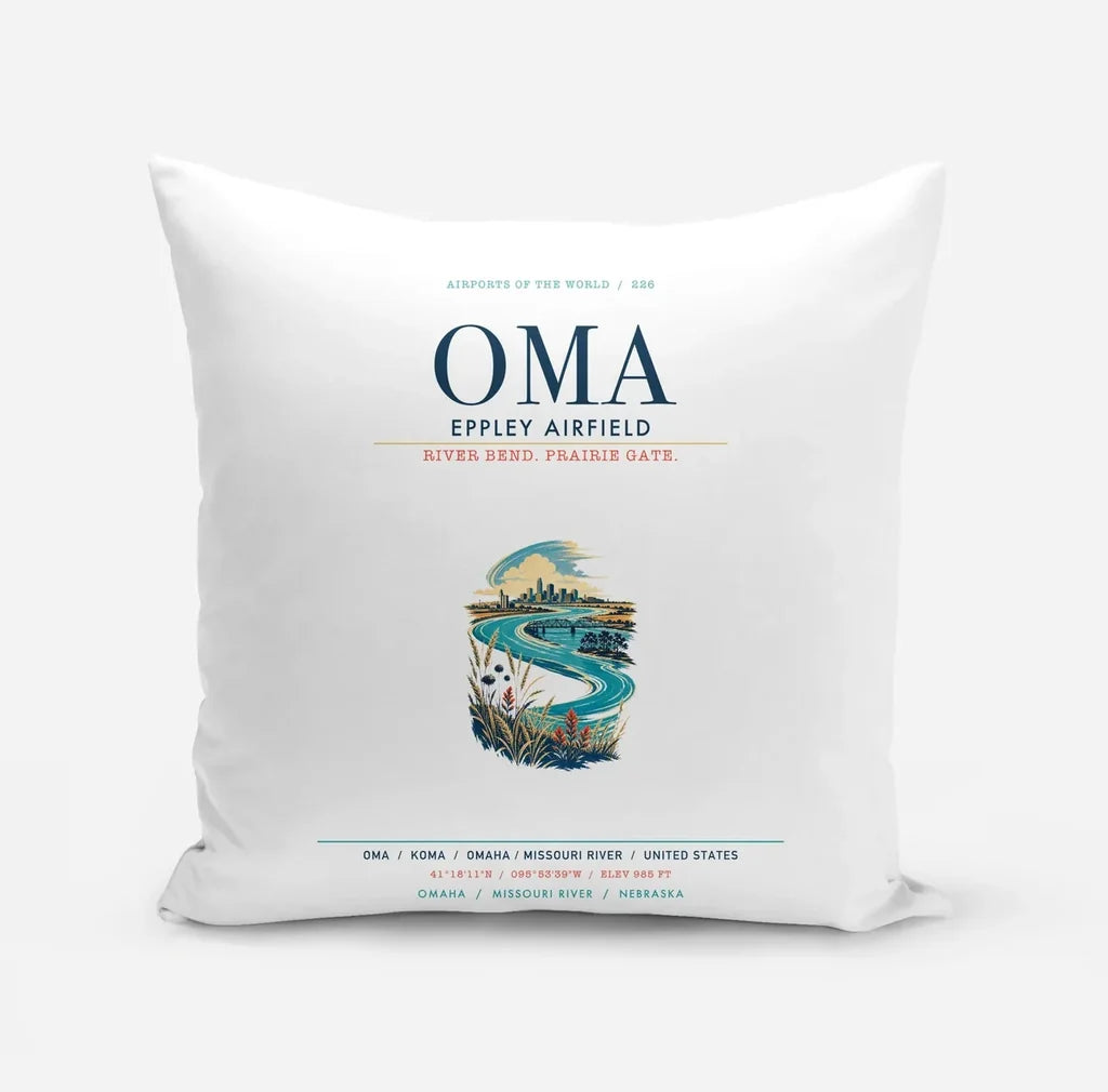 Omaha Eppley Airfield (OMA) design on white pillow