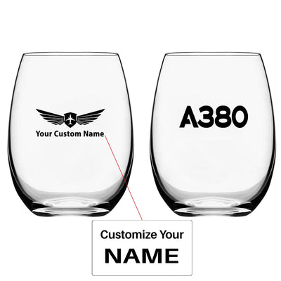Airbus A380 Flat Text Water & Drink aviation design on water glass, crystal-clear premium glassware.