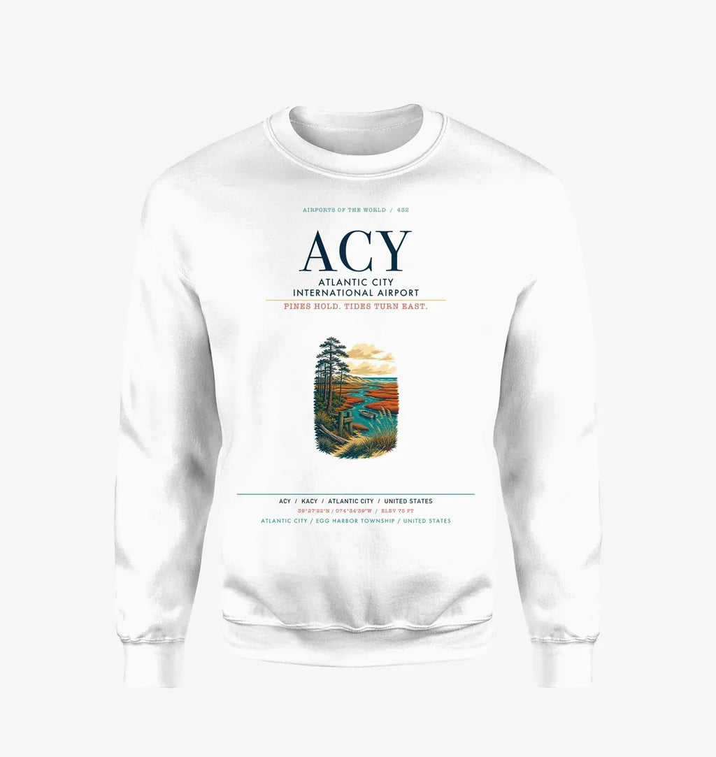 Atlantic City International Airport (ACY) design on white sweatshirt