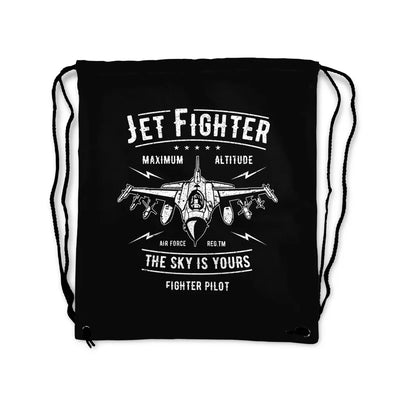 Jet Fighter - The Sky is Yours aviation drawstring bag in lightweight polyester.