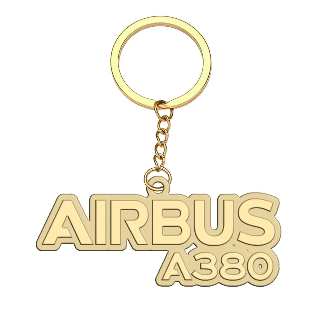 Airbus A380 & Text aviation hollow key chain in polished alloy.