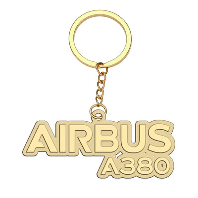 Airbus A380 & Text aviation hollow key chain in polished alloy.