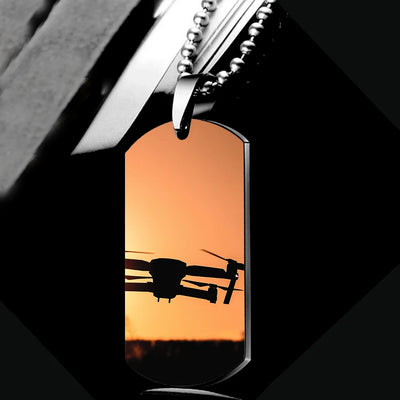 Side view of Amazing Drone in Sunset aviation necklace in polished metal, polished finish.