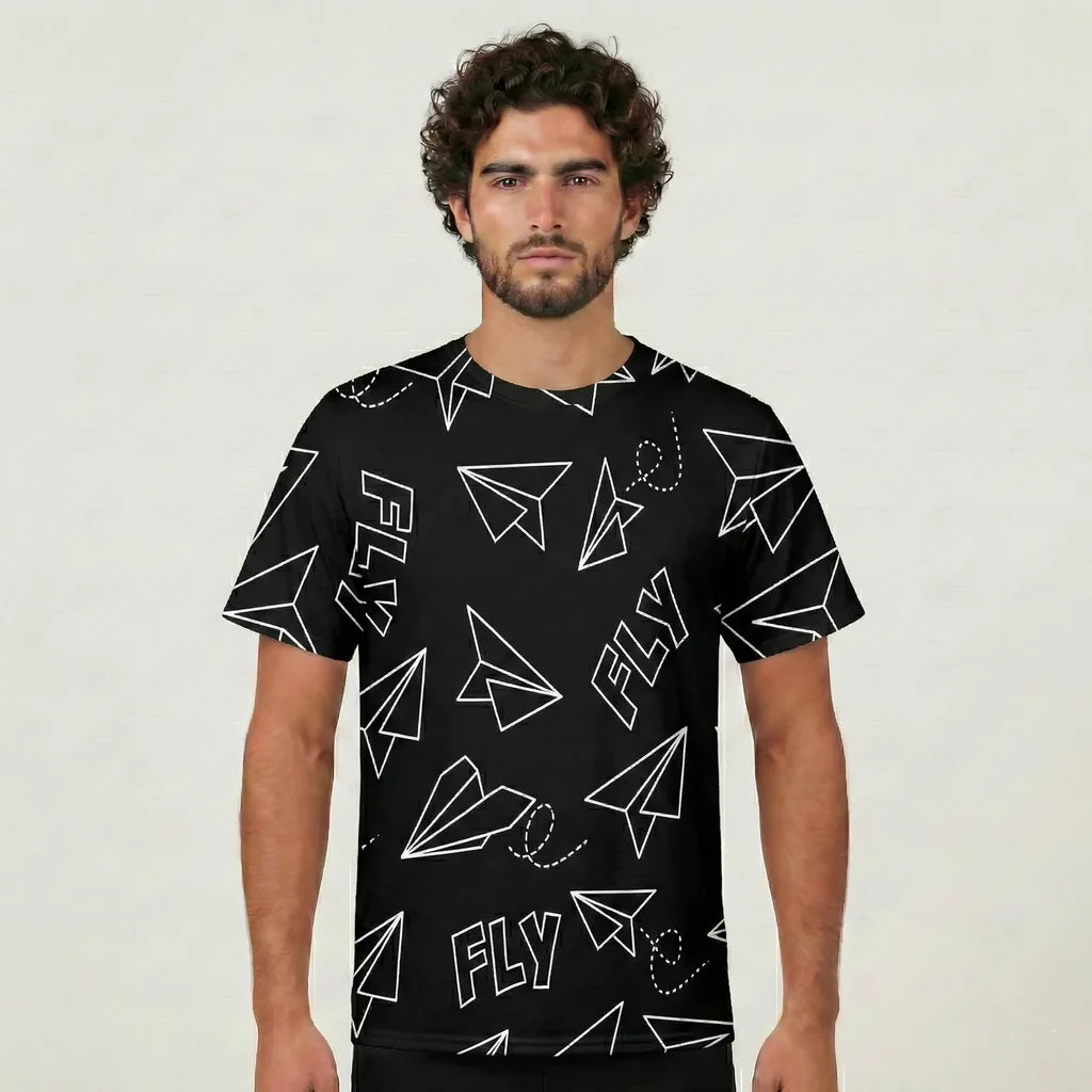 Paper Airplane & Fly Black aviation design printed on soft cotton 3D-print T-shirt.