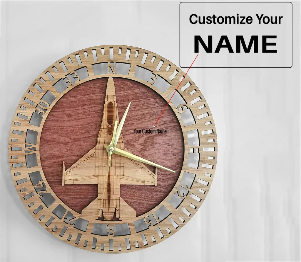 F-16 Fighting Falcon aviation design on premium wood wooden wall clock.