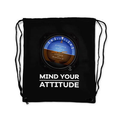 Mind Your Attitude aviation drawstring bag in lightweight polyester.
