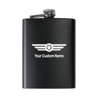 Thumbnail for Custom Name (Badge 6) aviation design on stainless hip flask, compact pocket-size flask.