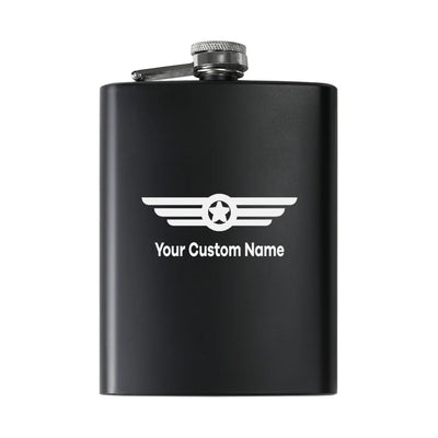 Custom Name (Badge 6) aviation design on stainless hip flask, compact pocket-size flask.