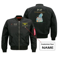 Thumbnail for Gregorio Luperón International Airport (POP) design on black bomber jacket with custom name patch
