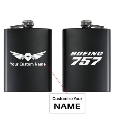 Boeing 757 & Text aviation design on stainless hip flask, compact pocket-size flask.