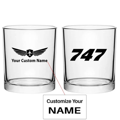 Boeing 747 Flat Text aviation design on whiskey glass, special-edition crystal cut.