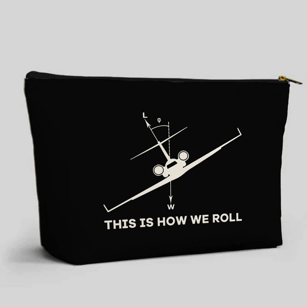 This is How We Roll aviation zipper pouch in durable polyester.