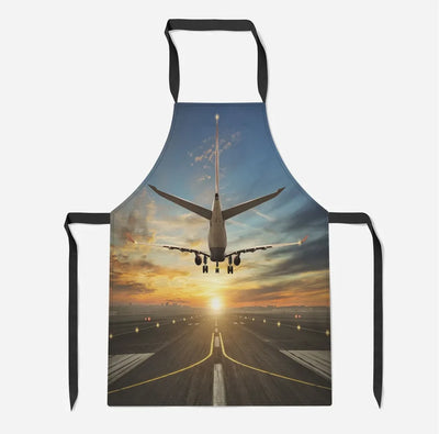 Airplane over Runway Towards the Sunrise aviation design on durable cotton blend kitchen apron.