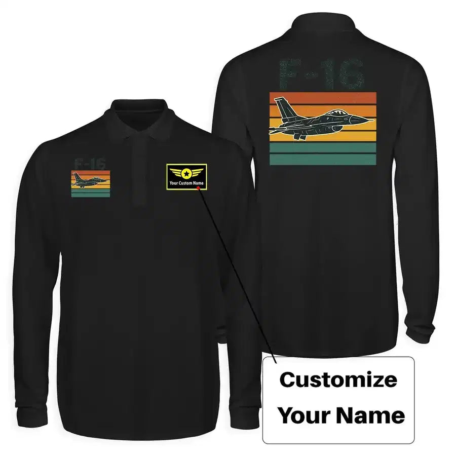 Retro Fighter Jet F16 Long Sleeve Polo T-Shirts (Double-Side) aviation design printed on soft cotton long-sleeve double-side.