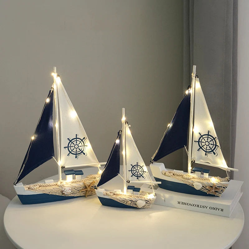 Side view of Helmsman LED Nautical Wooden Sailboat Model Ornament aviation model ship in diecast metal or wood with detailed.