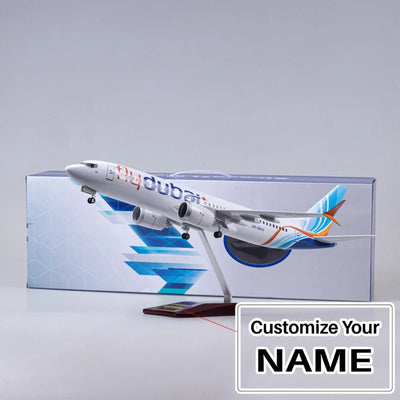 Side view of Fly Dubai Airline Boeing 737-MAX Airplane Model (1/84 Scale - 47CM) aviation LED model airplane in diecast metal.