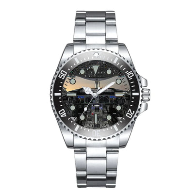 Side view of Boeing 787 Cockpit Luxury Aviators aviation aviator watch in premium stainless steel, polished finish.