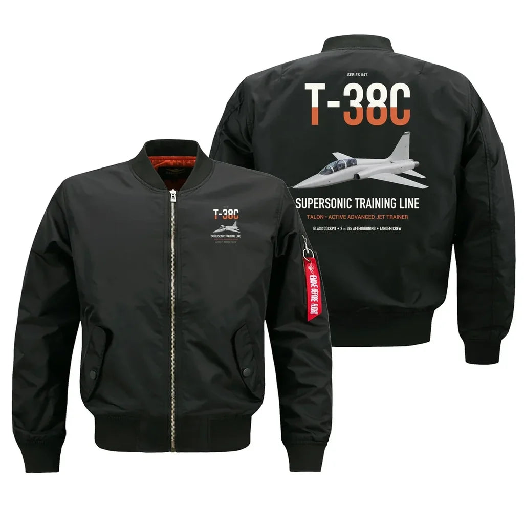 T-38C Talon design on black bomber jacket, double-side print