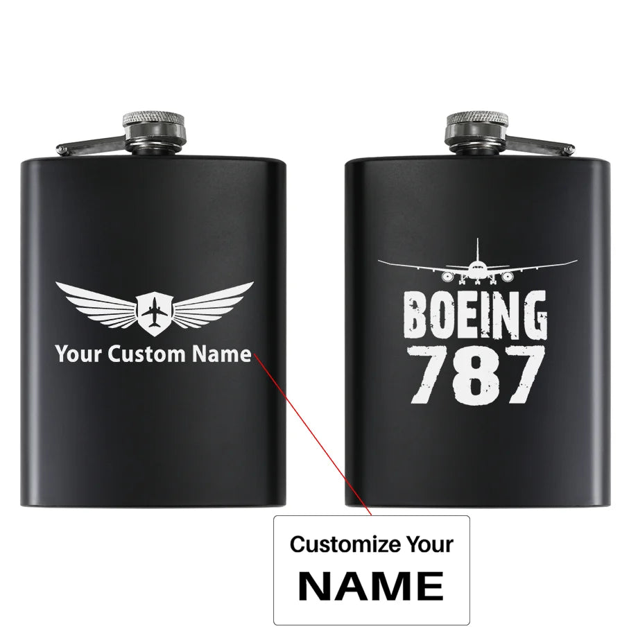 Boeing 787 & Plane aviation design on stainless hip flask, compact pocket-size flask.
