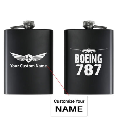 Boeing 787 & Plane aviation design on stainless hip flask, compact pocket-size flask.