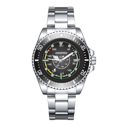 Side view of Airplane Instruments-Airspeed Luxury Aviators aviation aviator watch in premium stainless steel, polished finish.