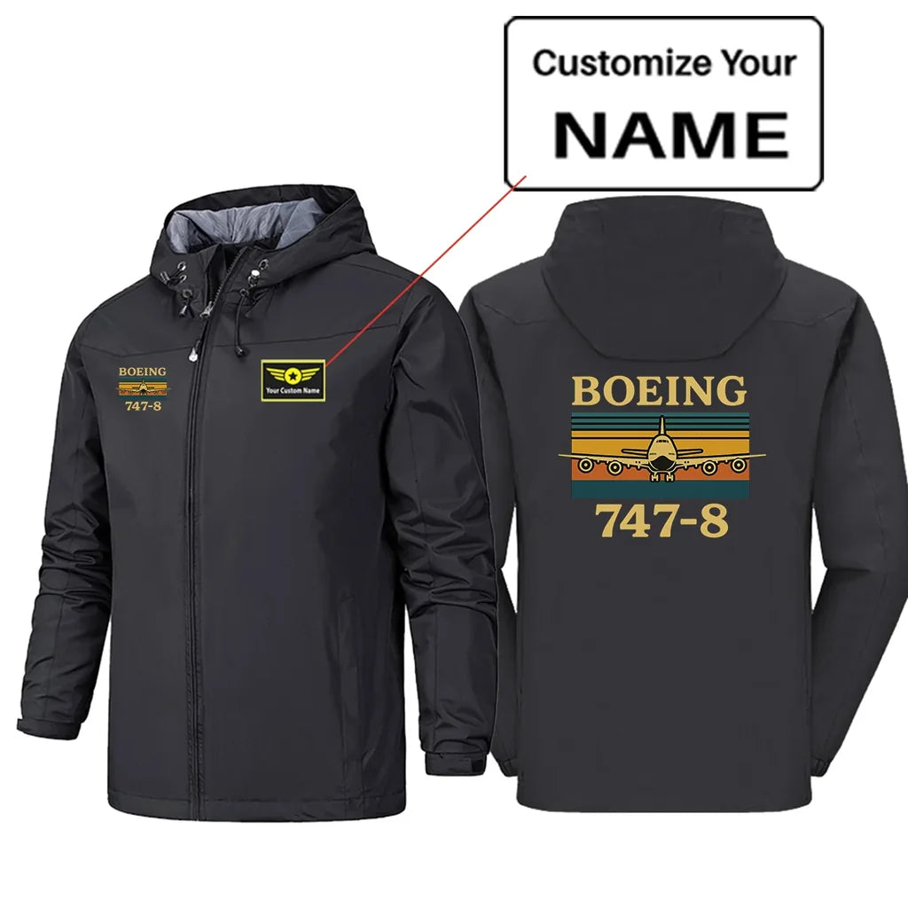 Retro Boeing 747-8 Rain Jackets & Windbreakers aviation design printed on waterproof shell with sealed seams rain jacket.