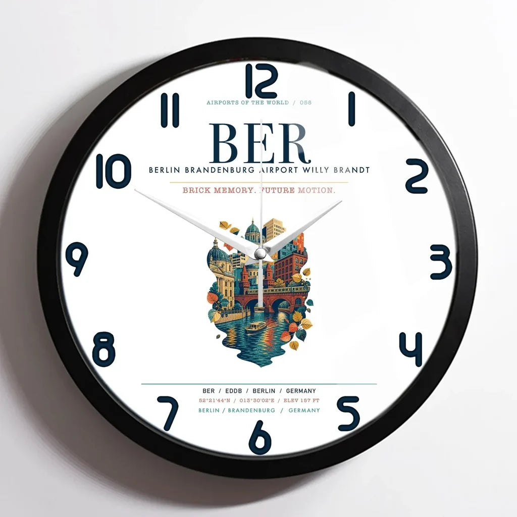 Berlin Brandenburg Airport Willy Brandt (BER) design on white framed wall clock