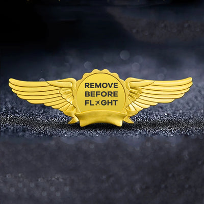 Remove Before Flight aviation badge in polished metal.