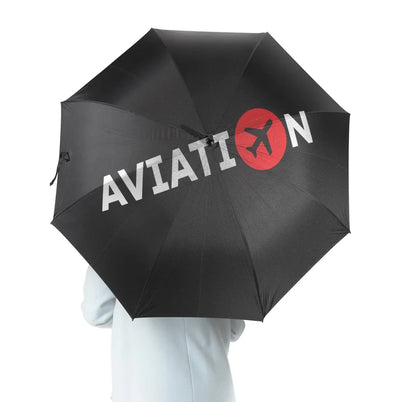 Aviation design on windproof polyester umbrella.