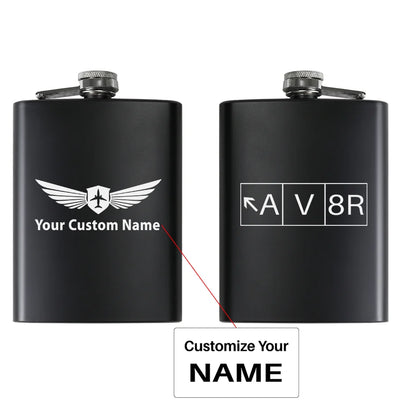 AV8R aviation design on stainless hip flask, compact pocket-size flask.