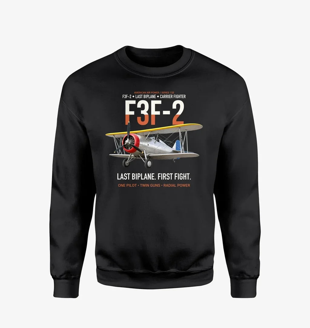 F3F-2 Last Biplane First Fight design on black sweatshirt