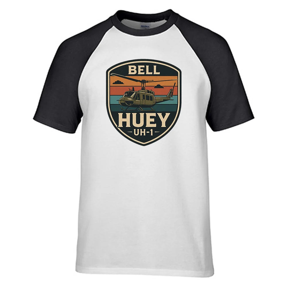 Retro BELL HUEY UH-1 aviation design printed on soft cotton raglan T-shirt.
