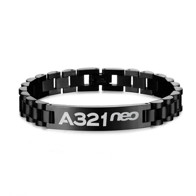 Side view of A321neo & Text aviation chain bracelet in stainless steel, polished finish.