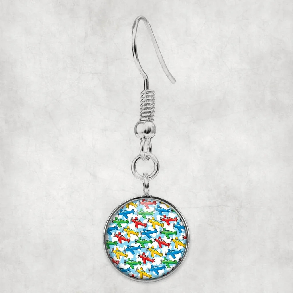 Funny Airplanes aviation earrings, hypoallergenic alloy body with engraved detail.