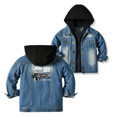 Boeing 757 & Rolls Royce Engine (RB211) aviation design printed on denim shell with hood kids' hooded denim jacket.
