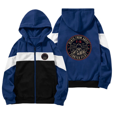 Fighter Jet 16 - Death From Above aviation design on colourful cotton blend colourful zipped hoodie.