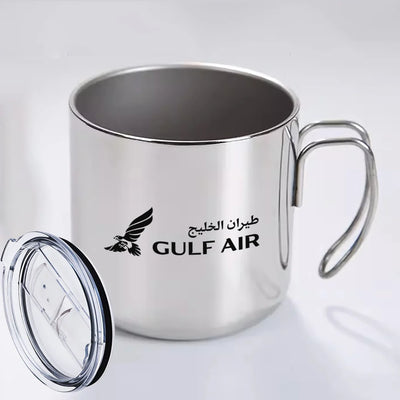 Gulf Air aviation design on portable mug, vacuum-insulated double-wall.