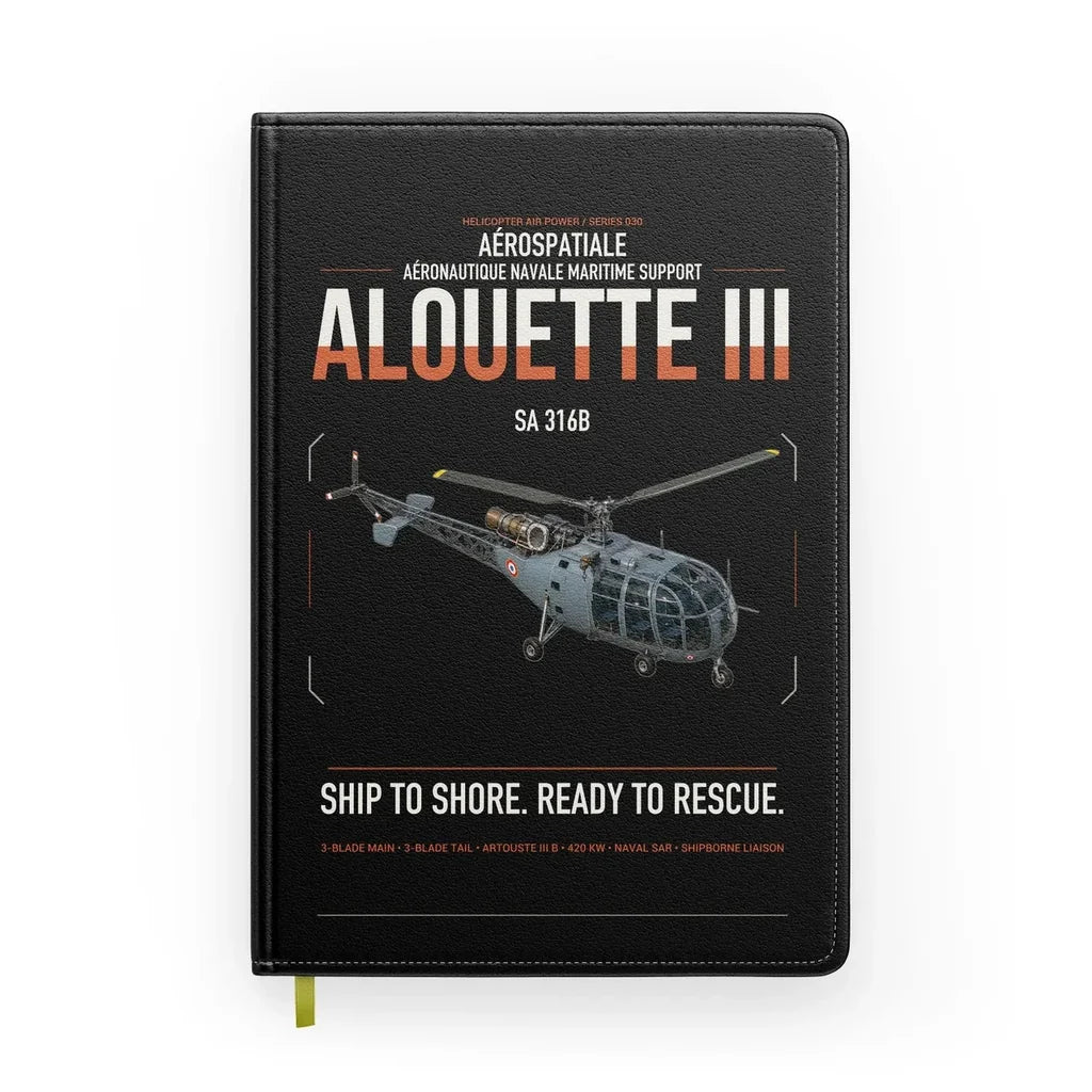 Aérospatiale SA 316B Alouette III design on black notebook